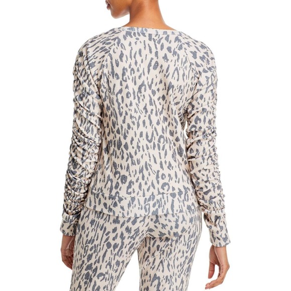 Chaser Womens Medium‎ Leopard Print Ribbed Knit Lounge Top Ruched Sleeve Shirt - Picture 2 of 2